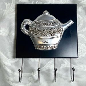 Kitchen Hook Rack Tea Pot Theme Resin Plaque And Metal Hooks Silver Teapot